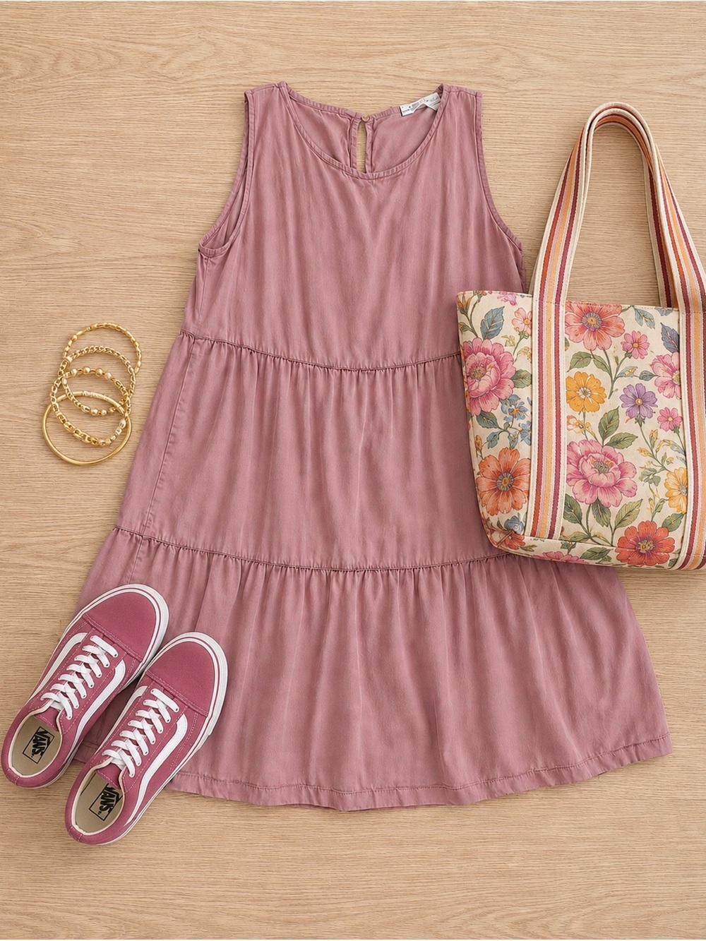 Women’s XS Dusty Rose Lyocell Dress Tiered Mini Swing Dress